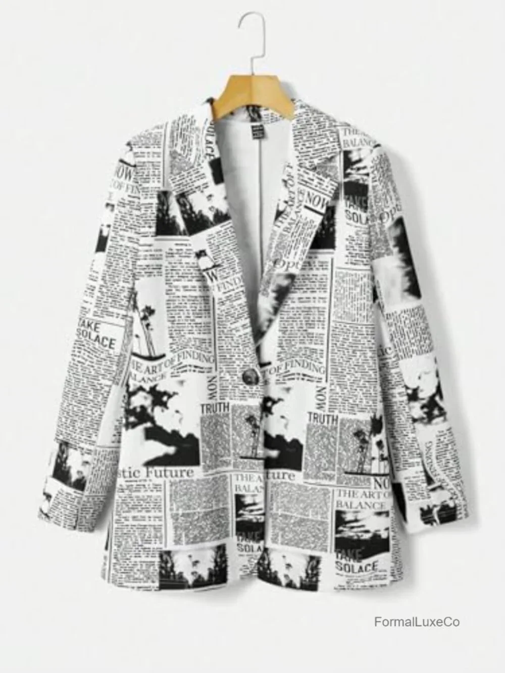 Newspaper Print Blazer with Notch Collar Long Sleeve Work Office Jacket